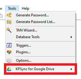 KeePass Tools menu and KPSync For Google Drive submenu